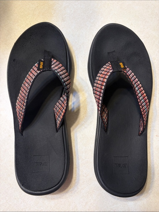 Teva Other - Teva Black Flip-Flops with Red-Tan Woven Straps